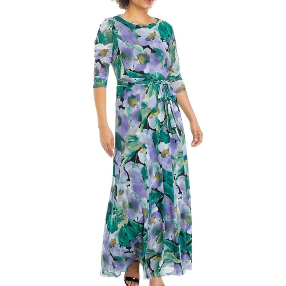 Anne Klein Maxi Dress Floral Print Lavender Multi XS NWT $149 -AS IS -NO‎ BELT